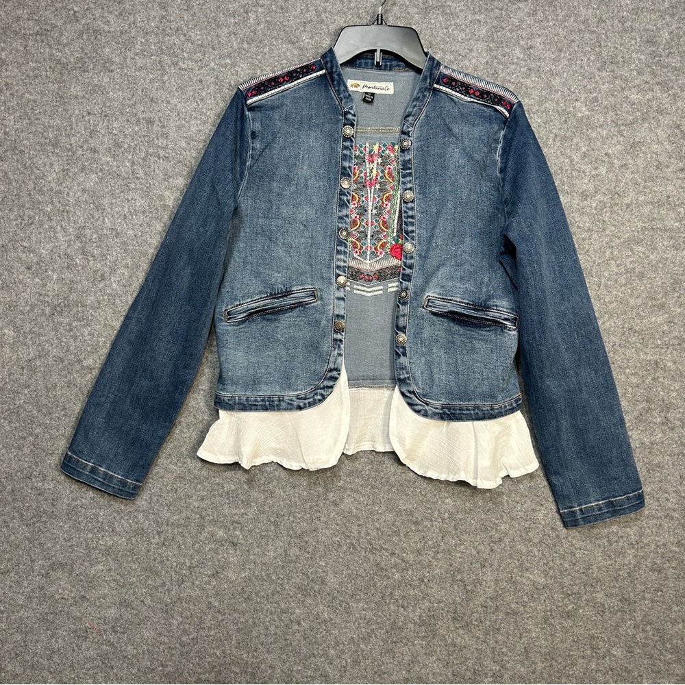 Montana Co L Denim Jacket Embroidered Ruffle BohoChic Western Festival Folkloric